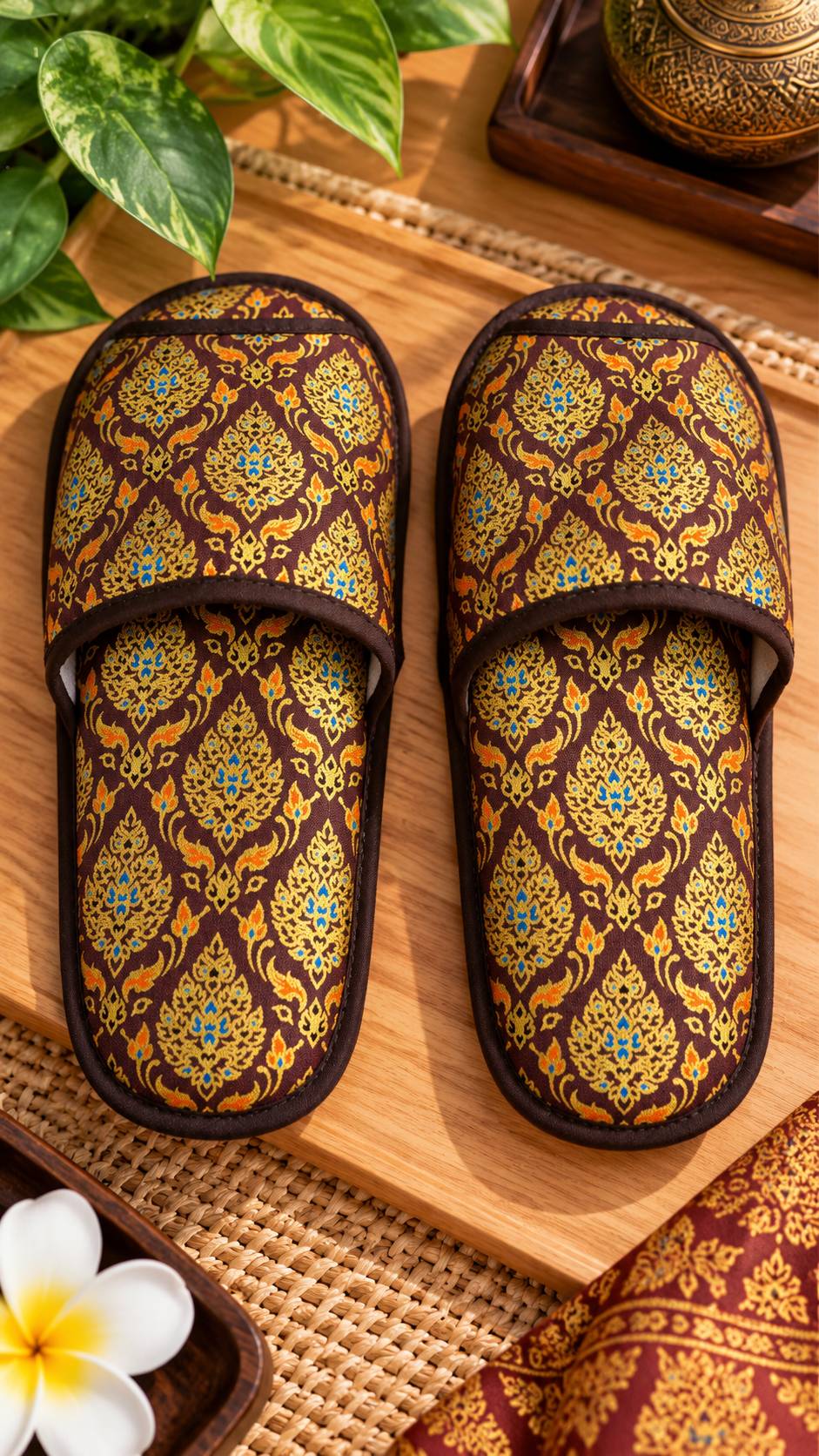 โรงงานผลิตรองเท้าสลิปเปอร์ลายไทย OEM สีแดงทอง หัวปิด
