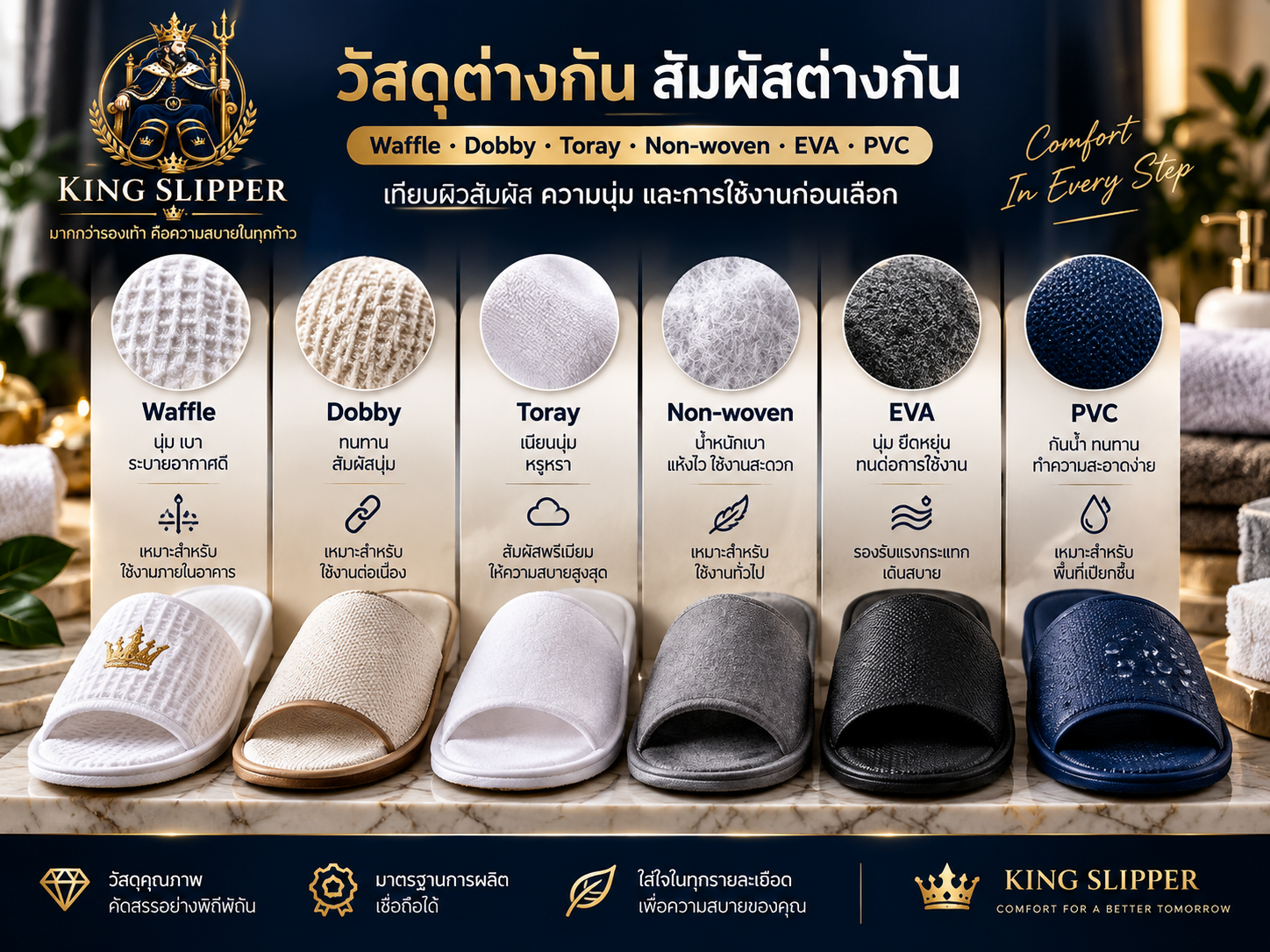 เปรียบเทียบวัสดุรองเท้าสลิปเปอร์ Waffle Dobby Toray Non-woven EVA และ PVC
