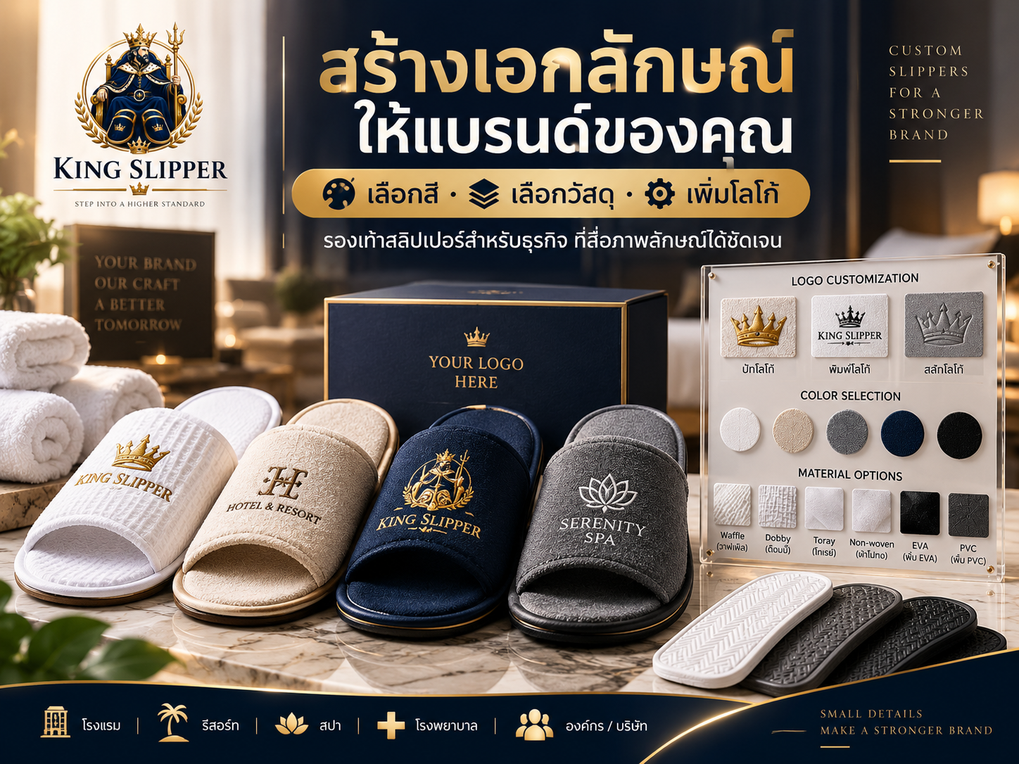 ตัวเลือกสี วัสดุ และโลโก้สำหรับรองเท้าสลิปเปอร์ธุรกิจ